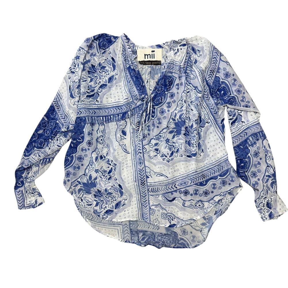 mii Aux 1001 Nuits 100% silk blue white patterned blouse XS